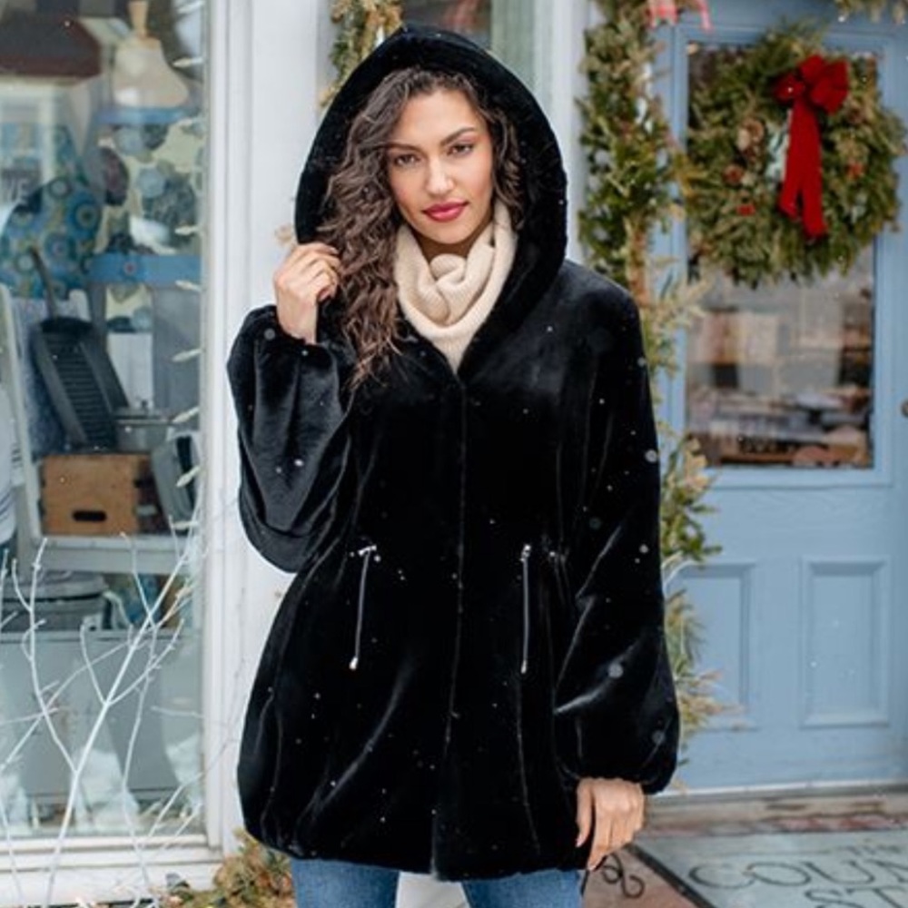 Fabulous Furs Black Hooded Sheared Faux Fur Beaver Anorak Winter Coat Size Small - Picture 2 of 16